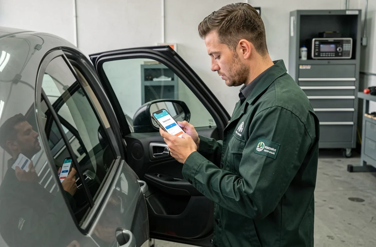 Technicien en garage consultant une application mobile pour récupérer le code de déverrouillage d'un autoradio