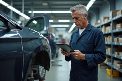 Technicien auto vérifiant une tablette dans l'atelier