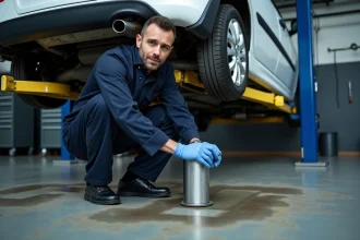 Technicien automobile inspectant le filtre à particules sous une Peugeot 207 dans un atelier mécanique professionnel