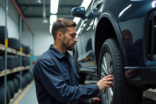 Technicien automobile inspectant un pneu dans un centre Centrale Pneus, évaluation qualité professionnelle