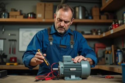 Technicien en overalls examine un moteur électrique avec multimètre