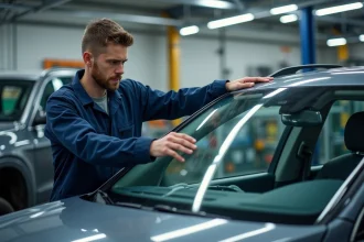 Technicien en vitrage automobile posant un pare-brise avec capteurs ADAS sur un véhicule récent dans un atelier professionnel