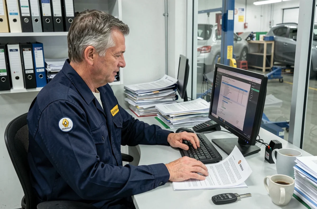 Technicien Renault en uniforme consultant un diagnostic informatique pour un problème de code d'authentification sur Clio 4