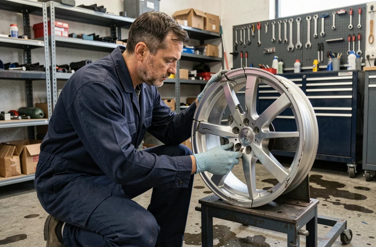 Mécanicien inspectant une jante alu voilée et fissurée sur un stand de réparation dans un atelier automobile professionnel
