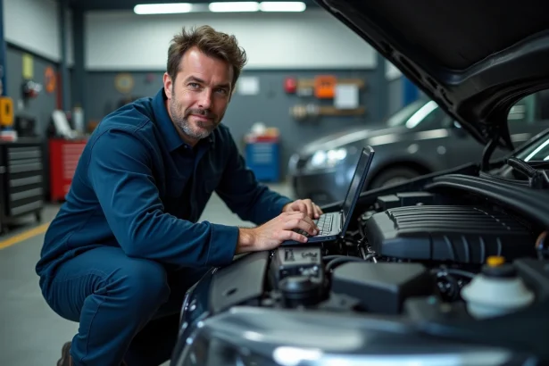 Technicien automobile connectant un outil de reprogrammation moteur sur une voiture essence dans un garage professionnel