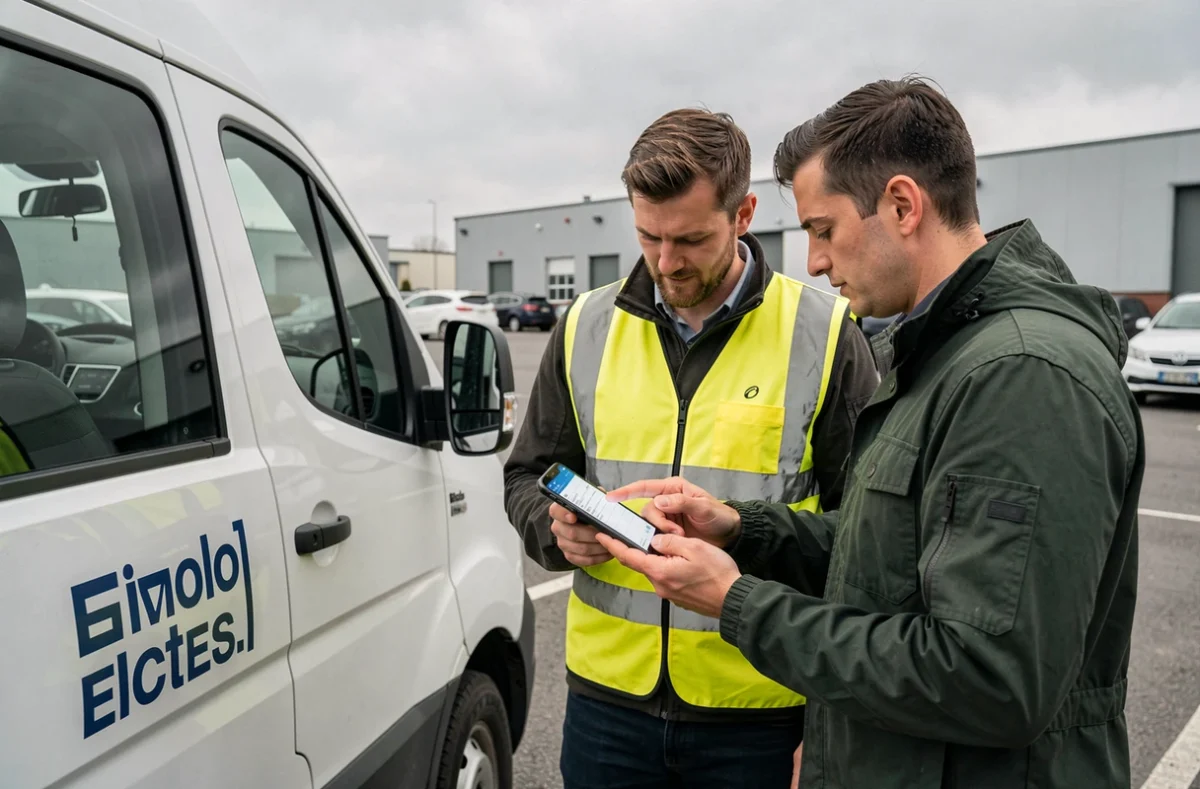 Deux techniciens de terrain consultant un bon d'intervention numérique sur smartphone près d'un véhicule de service