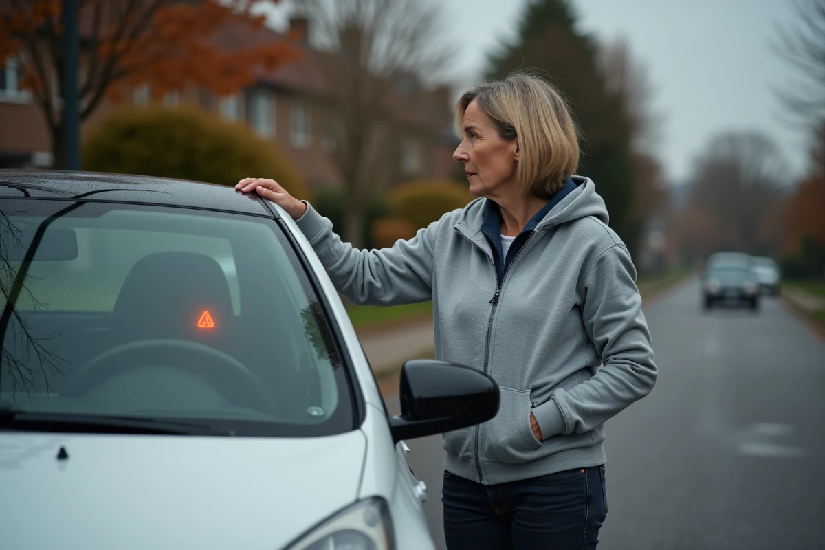 Femme inquiète devant sa Renault Clio 5 blanche avec le témoin de défaut injection allumé sur le tableau de bord