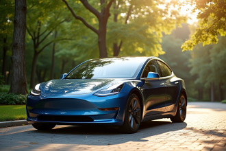 Tesla Model 3 stationnee dans une allée lumineuse avec arbres