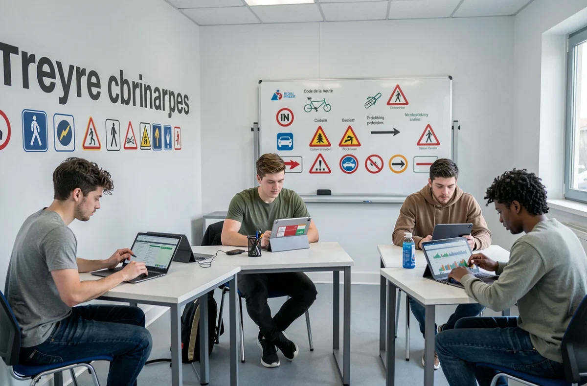 Élèves passant l'examen du code de la route en salle dans une auto-école moderne à Troyes, The School Of Conduite