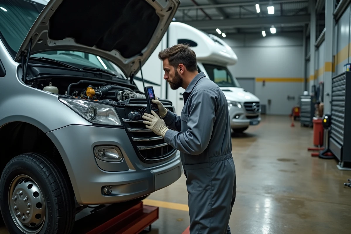 Mécanicien inspectant le moteur diesel d'un camping-car poids lourd occasion dans un garage professionnel