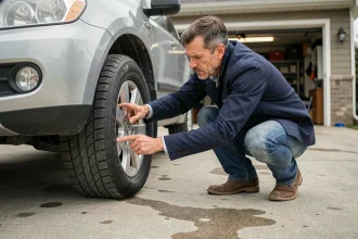 Homme vérifiant l'état des pneus de son SUV avant un road trip, accroupi dans une allée résidentielle