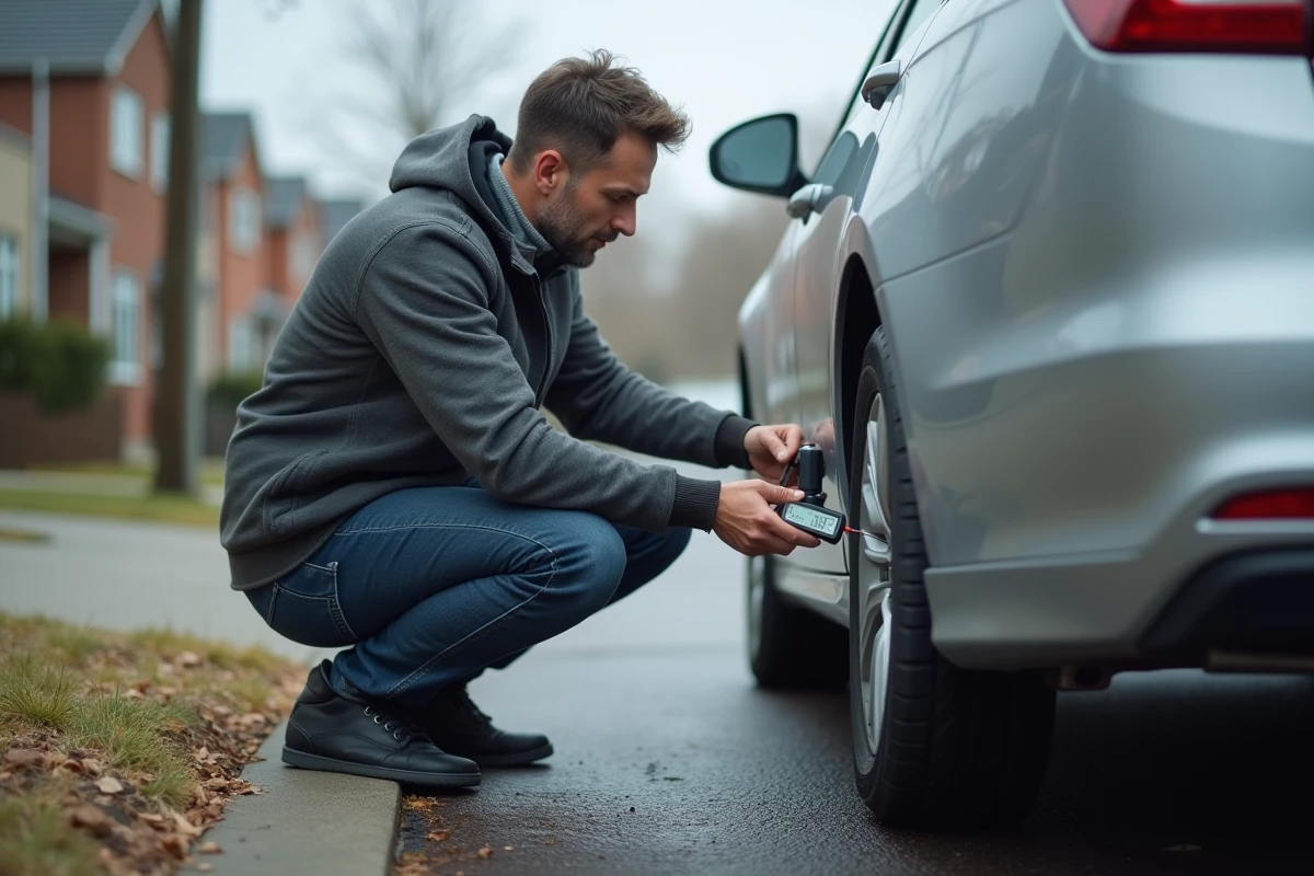Homme vérifiant la pression d'un pneu avec un manomètre numérique après allumage du voyant TPMS sur sa voiture