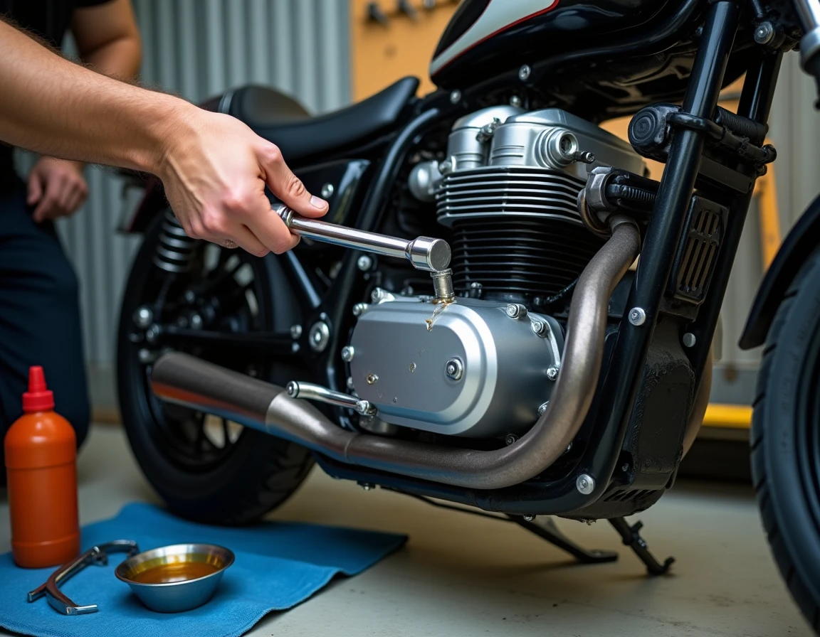 Vidange et changement de filtre à huile sur une moto dans un atelier mécanique à Agde
