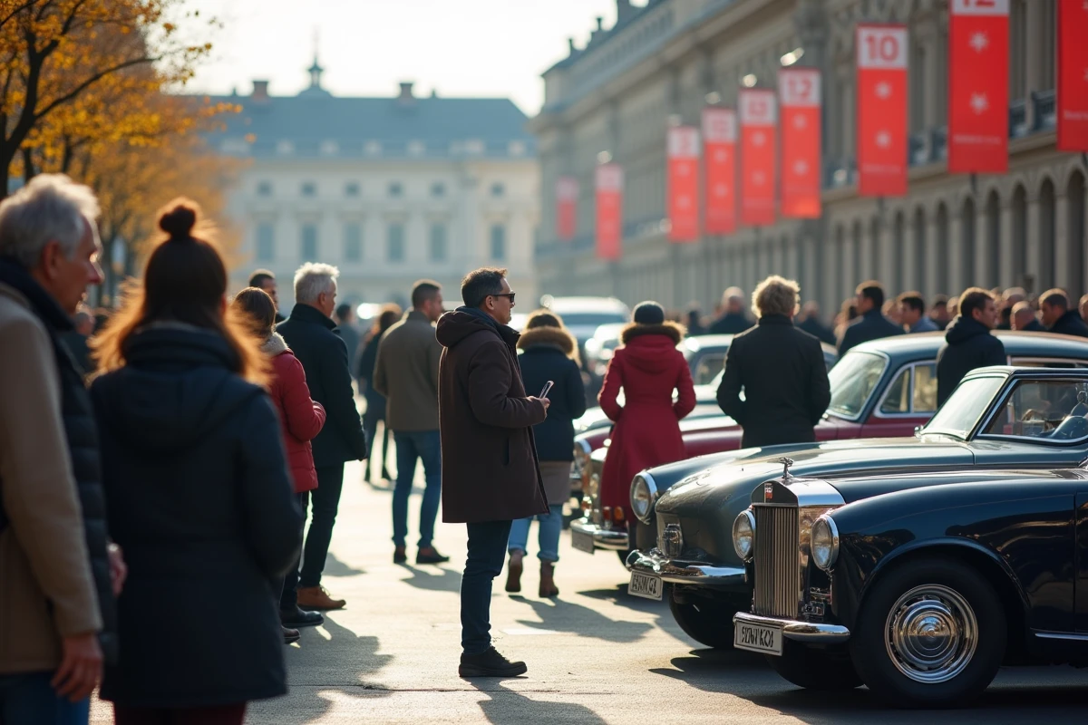 Groupe de visiteurs admirant des voitures à l