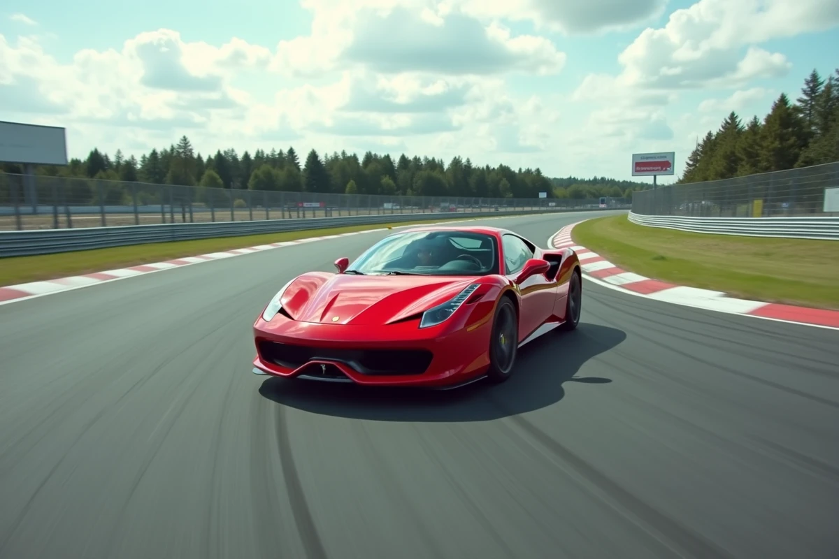Voiture de sport rouge en pleine courbe sur circuit de pilotage lors d'un stage prix malin petit budget