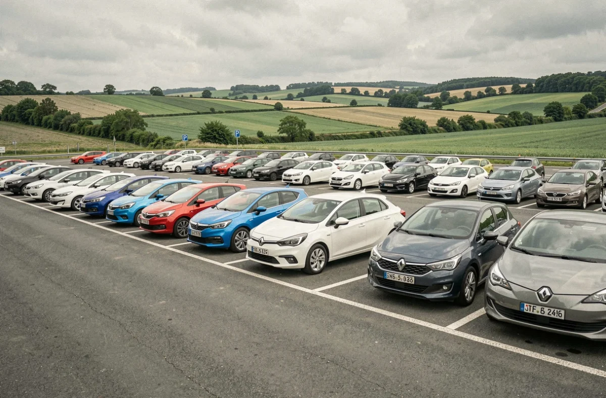 Rangées de voitures compactes françaises dans un parking d'autoroute illustrant les modèles les plus vendus en France en 2026