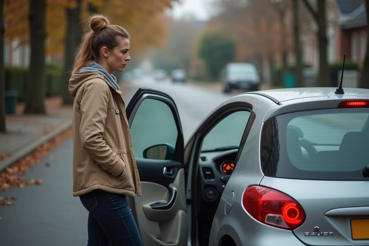 Conductrice inquiète observant le voyant antipollution allumé sur le tableau de bord de sa Peugeot 207 garée en rue