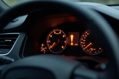 Tableau de bord de voiture affichant le voyant TPMS allumé en orange et le symbole point d'exclamation pour signaler un problème de pression des pneus