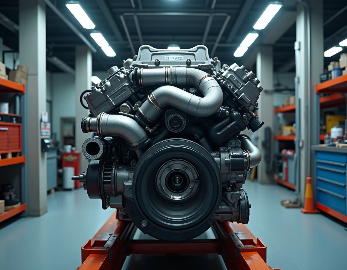Vue aérienne d'un moteur diesel turbocompressé moderne montrant le turbo, les injecteurs et le rail d'injection sur un véhicule sur pont élévateur