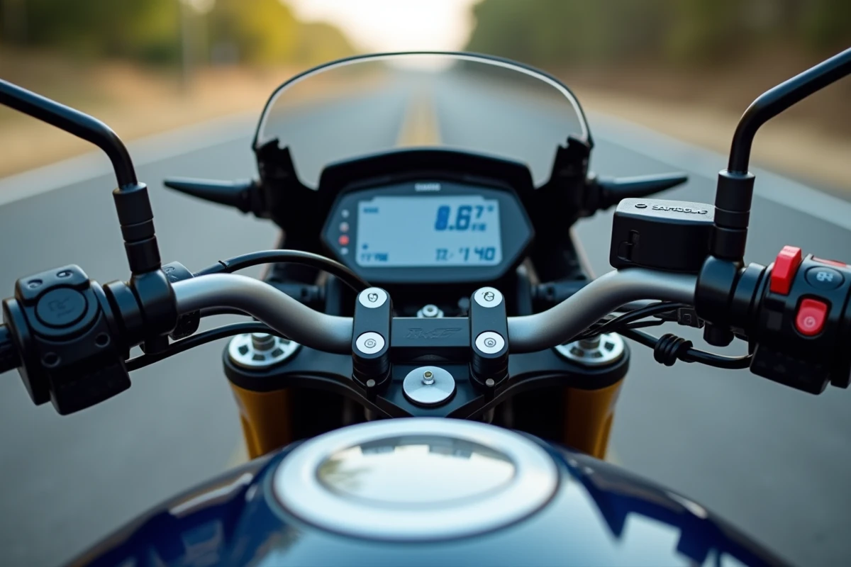 Vue du poste de pilotage de la Yamaha R7 avec tableau de bord numérique TFT et guidons bas, perspective conducteur en usage quotidien