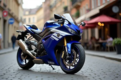 Yamaha R7 en version A2 garée dans une rue urbaine, vue trois quarts avant mettant en valeur le carénage et la livrée bleue