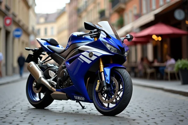 Yamaha R7 en version A2 garée dans une rue urbaine, vue trois quarts avant mettant en valeur le carénage et la livrée bleue
