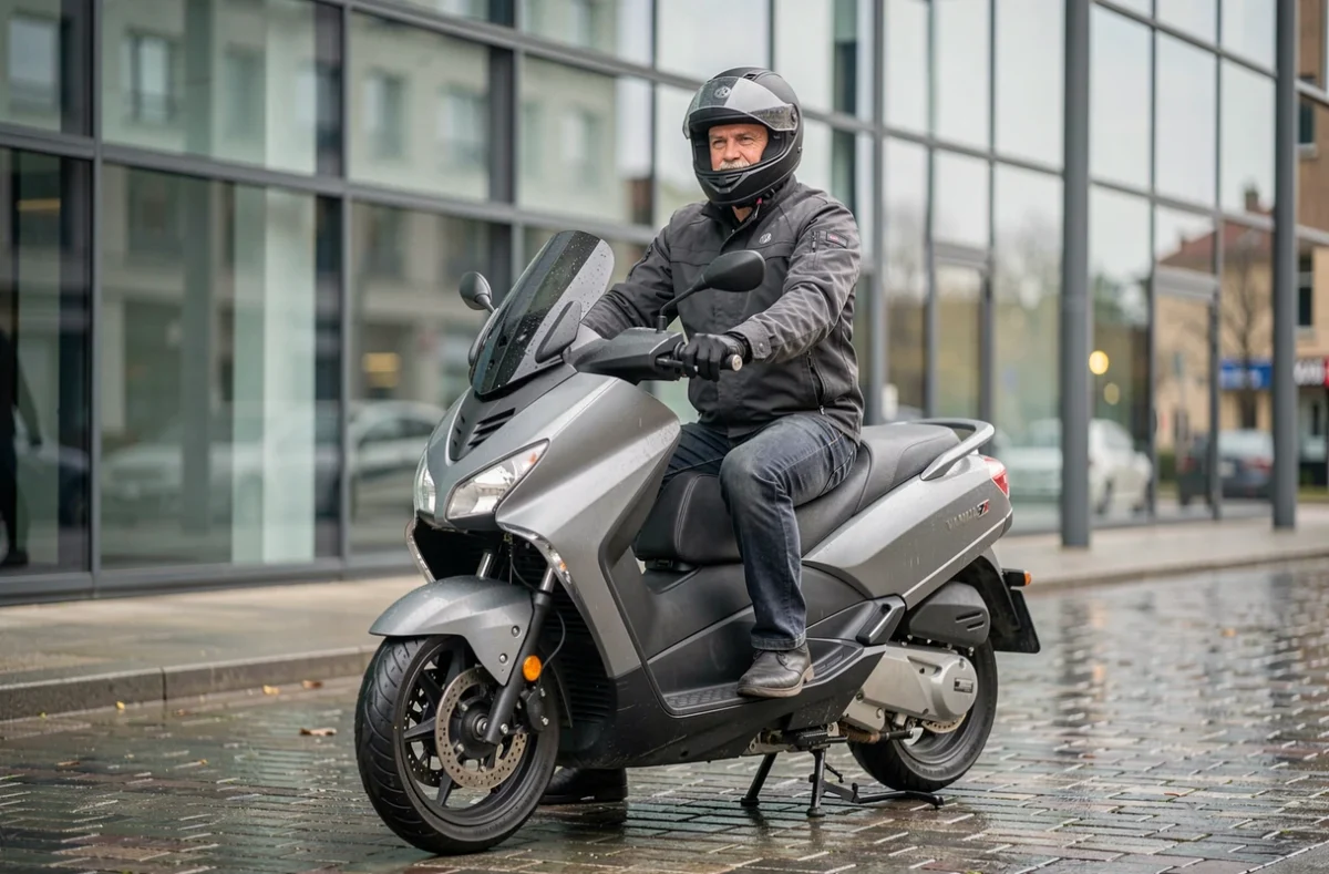 Motard équipé sur un Yamaha TMAX 560 en milieu urbain, avec des pavés mouillés et un immeuble moderne en arrière-plan